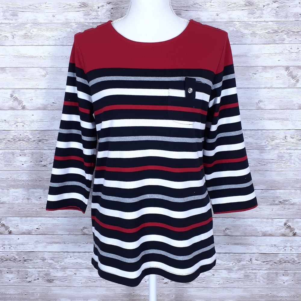 Karen Scott Top M Striped Red Black 947